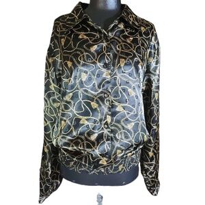 Notations Womens Black Gold Long Sleeve Button Up Blouse 22W